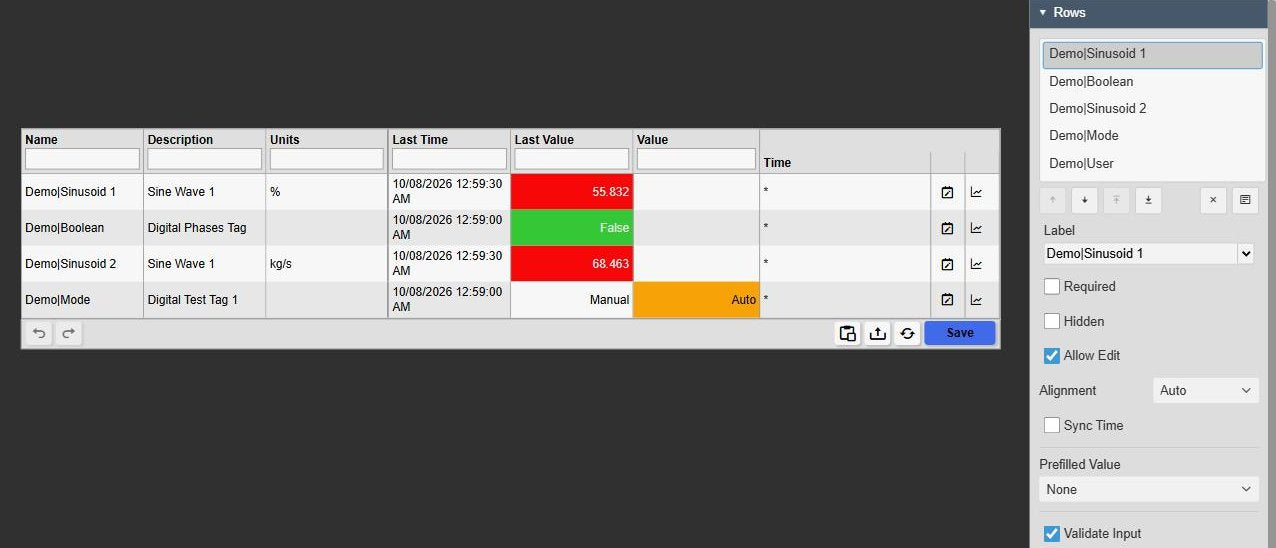 Manual Data Entry+ in PI Vision with one row per PI Point showing name, description, units, last time and a last value coloured by multi-state, an empty Value column ready for input, a Mode row prefilled with its last value, and the Rows settings with Required, Hidden, Allow Edit, Alignment, Sync Time, Prefilled Value and Validate Input