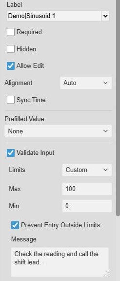 Rows settings of Manual Data Entry+ for a numeric row with Validate Input on, Limits Custom with Max 100 and Min 0, Prevent Entry Outside Limits on and the message “Check the reading and call the shift lead.”