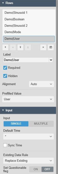 Rows settings of Manual Data Entry+ for a user row set to Required and Hidden with Prefilled Value User, above the Input settings with Single input, Default Time, Sync Time, Existing Data Rule and Set Questionable flag