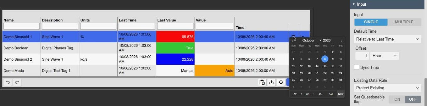 Manual Data Entry+ with the date and time picker open on a row’s Time cell and each Time set one hour after the last stored value, next to the Input settings with Default Time Relative to Last Time, Offset 1 Hour, Sync Time and Existing Data Rule Protect Existing