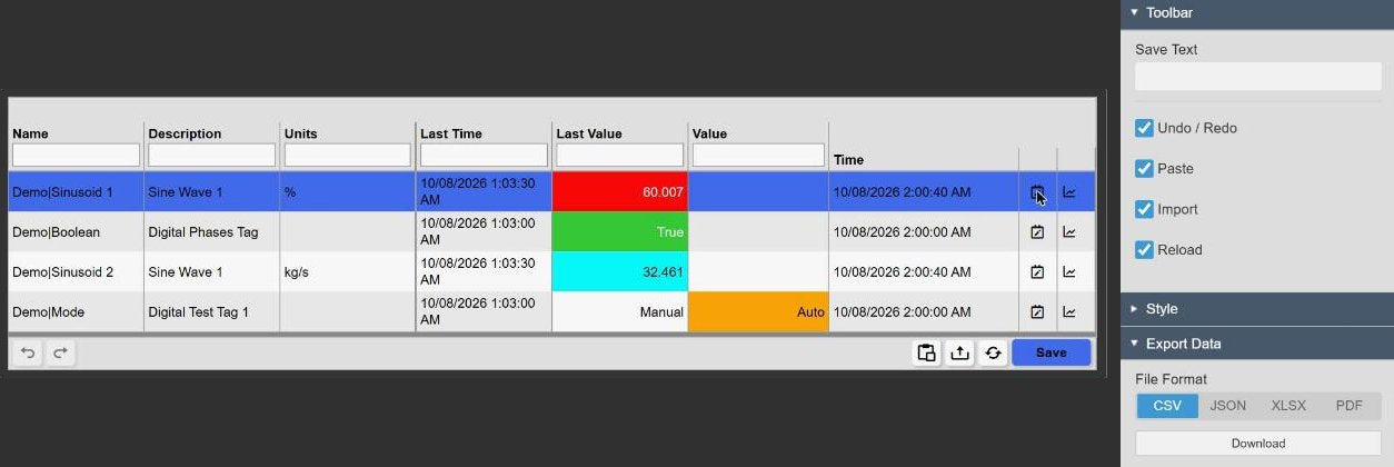 Manual Data Entry+ with the table toolbar showing undo, redo, paste from clipboard, import CSV, reload and Save, next to the Toolbar settings with Save Text, Undo / Redo, Paste, Import and Reload and the Export Data settings with CSV, JSON, XLSX and PDF