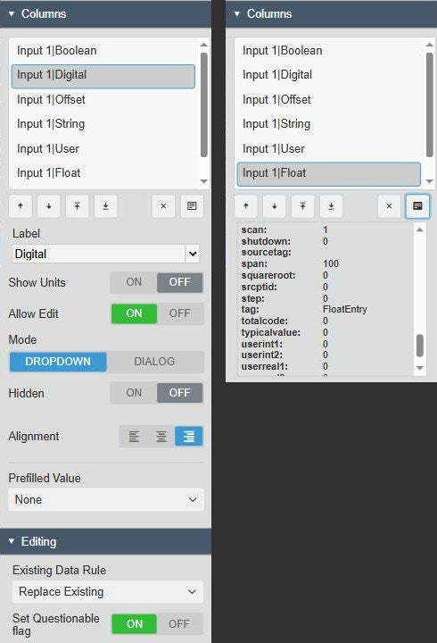 Manual Input Table+ Columns settings of a digital column with Allow Edit on, Mode Dropdown or Dialog, Hidden, Alignment and Prefilled Value, and the Editing settings with Existing Data Rule and Set Questionable flag on, beside the Point Attributes panel of the PI point behind the Float column
