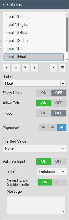Manual Input Table+ Columns settings for the numeric Float column with Label, Show Units, Allow Edit on, Hidden, Alignment, Prefilled Value None, Validate Input on, Limits Database, Prevent Entry Outside Limits on and a Message box