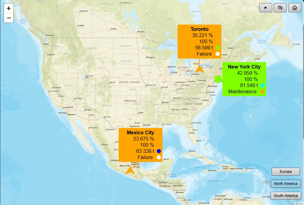 Map+ on an Esri World Street Map of North America with labels for Toronto, New York City and Mexico City, each showing two percentages, a tonnage and a status text, with view buttons for Europe, North America and South America