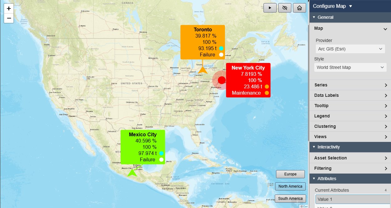 Map+ in AVEVA PI Vision showing Toronto, New York City and Mexico City on an Esri World Street Map, each with a label of its values coloured orange, red or green by multi-state and a pulsing marker for New York City, next to the Configure Map pane with Provider Arc GIS (Esri) and Style World Street Map
