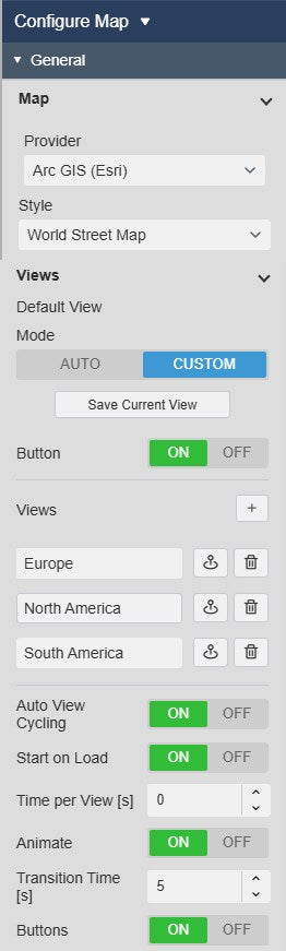Map+ settings: Provider Arc GIS (Esri) with Style World Street Map, and the Views settings with Default View Custom, Save Current View, the saved views Europe, North America and South America, Auto View Cycling, Start on Load, Animate, Transition Time and Buttons