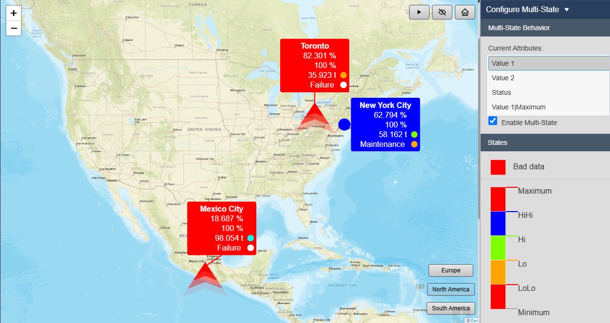 Map+ with Toronto and Mexico City in red and New York City in blue, coloured by the multi-state of their first attribute, next to the Configure Multi-State pane with the current attributes, Enable Multi-State and the states Bad data, Maximum, HiHi, Hi, Lo, LoLo and Minimum