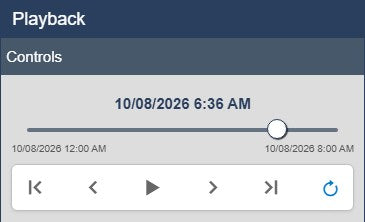 The Controls part of the Playback panel, paused at 6:36 AM in a range from 12:00 AM to 8:00 AM, with the buttons Go to Start, Step Back, Play, Step Forward, Go to End and the Loop button switched on in blue
