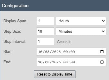 The Configuration part of the Playback panel set up for a shift review, with Display Span 1 Hours, Step Size 10 Minutes, Step Interval 1 second, Start 12:00 AM and End 8:00 AM and the Reset to Display Time button