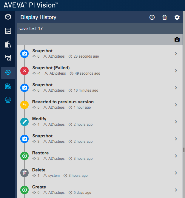 Vision Audit+ display history showing create, delete, restore, modify, snapshot, and revert events