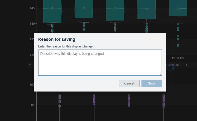 Vision Audit+ dialog requiring a reason before a PI Vision display is saved