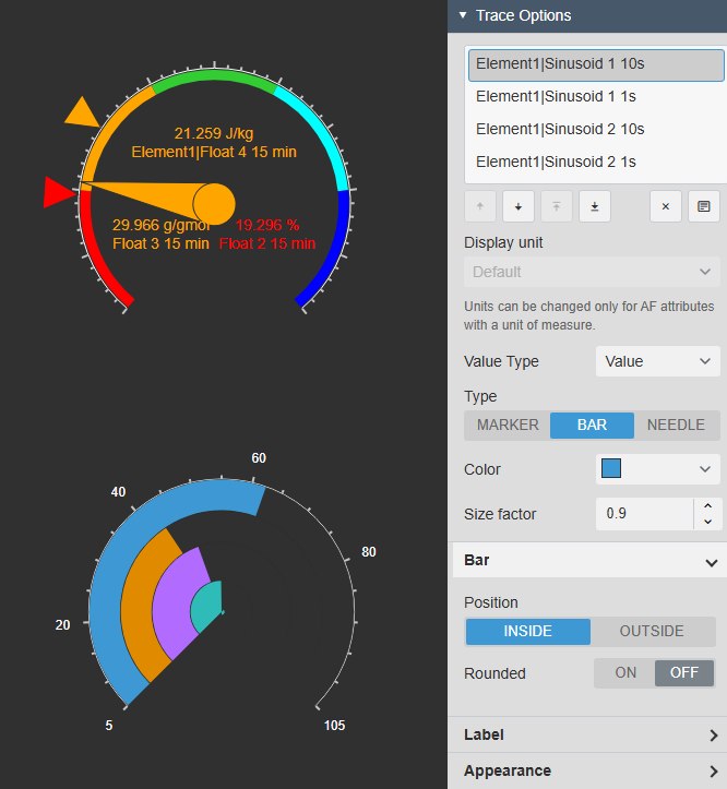 Two Radial Gauge+ dials: three data sources on one scale drawn as a needle and two markers with their values and names in the centre, and four sinusoid data sources drawn as bars, next to the Trace Options with the data source list, Type Marker, Bar or Needle and the Bar position and Rounded settings