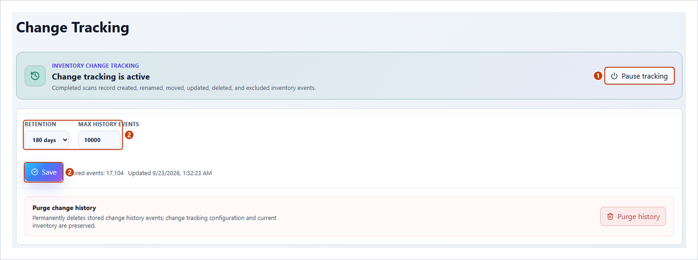 Admin > Change Tracking with the tracking state and its button, Retention, Max history events, Save and Purge history