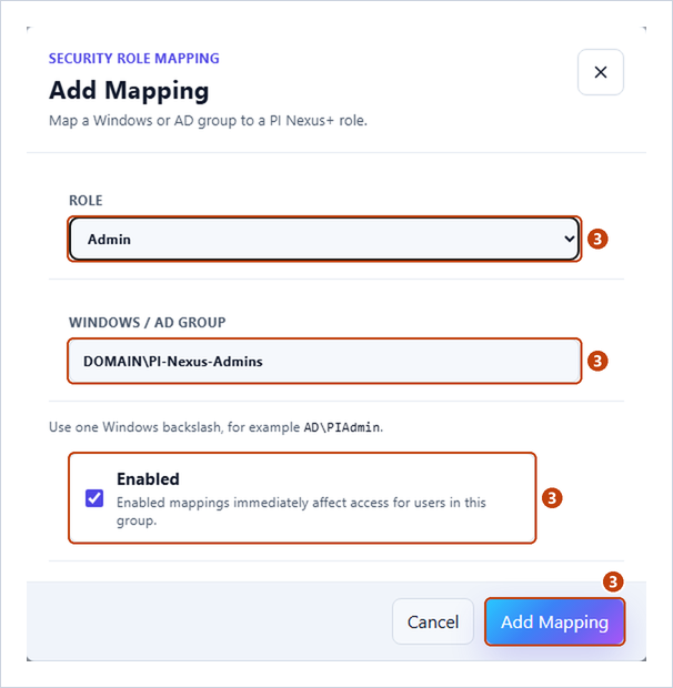 Add Mapping dialog with Role, Windows / AD Group, Enabled and Add Mapping