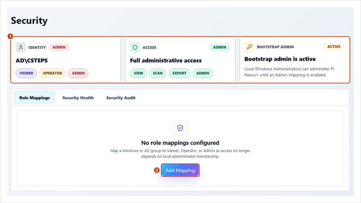 Admin > Security with the current user's roles, the bootstrap state and the Role Mappings tab