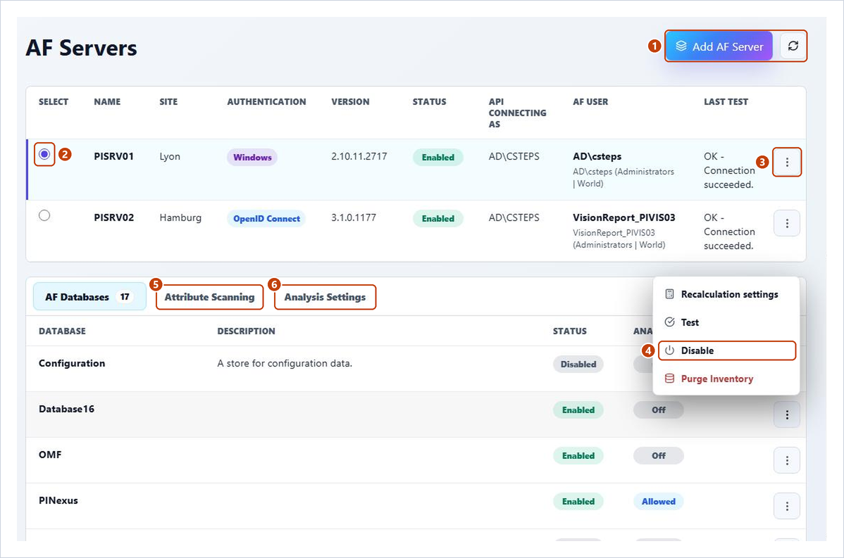 Admin > AF Servers with the selected server, its AF Databases tab and the row menu of one database