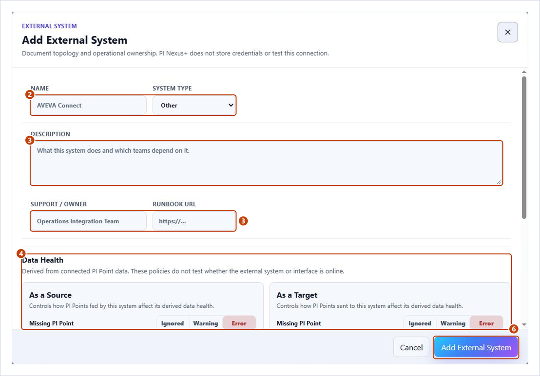 Add External System dialog with name, type, owner, runbook and the data health policies