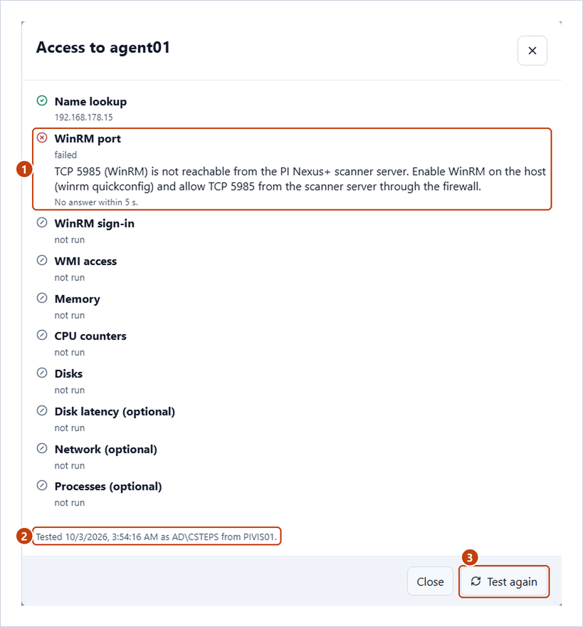 Access dialog of a host whose WinRM port did not answer