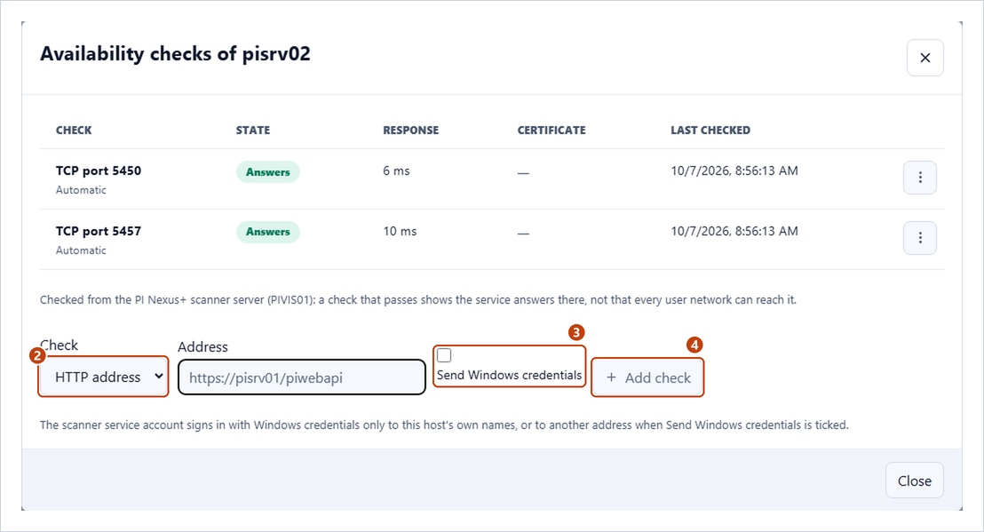 Availability checks dialog with the automatic checks, Check, Address, Send Windows credentials and Add check