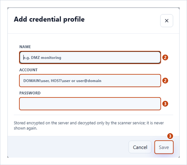 Add credential profile dialog with Name, Account, Password and Save