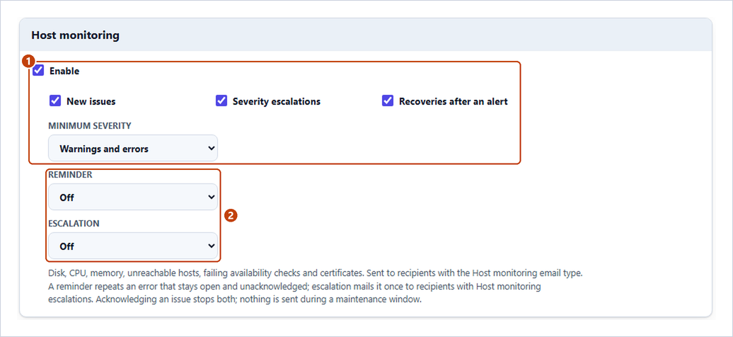 Host monitoring delivery rule with Enable, the email types, Minimum severity, Reminder and Escalation