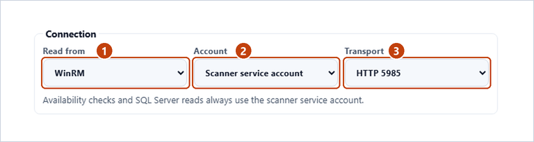 Connection group of the host Edit dialog: Read from, Account and Transport