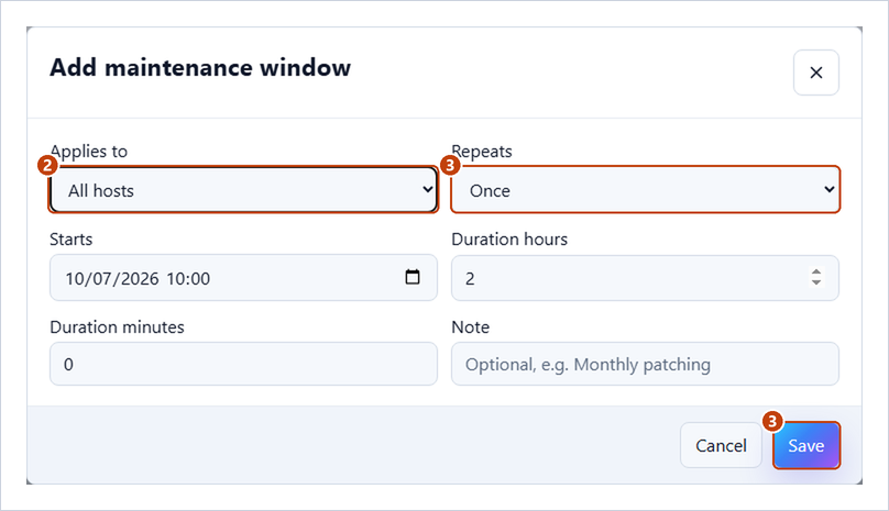 Add maintenance window dialog with Applies to, Repeats, the start, the duration and Note