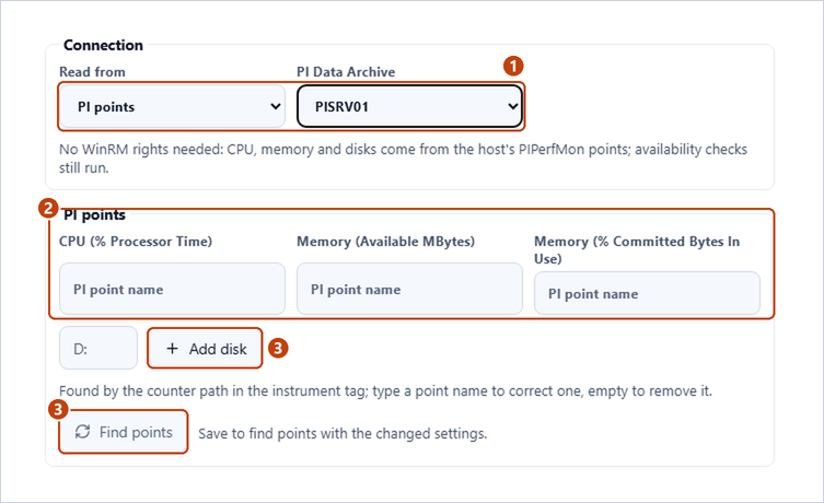 Connection and PI points groups of the host Edit dialog with Read from set to PI points