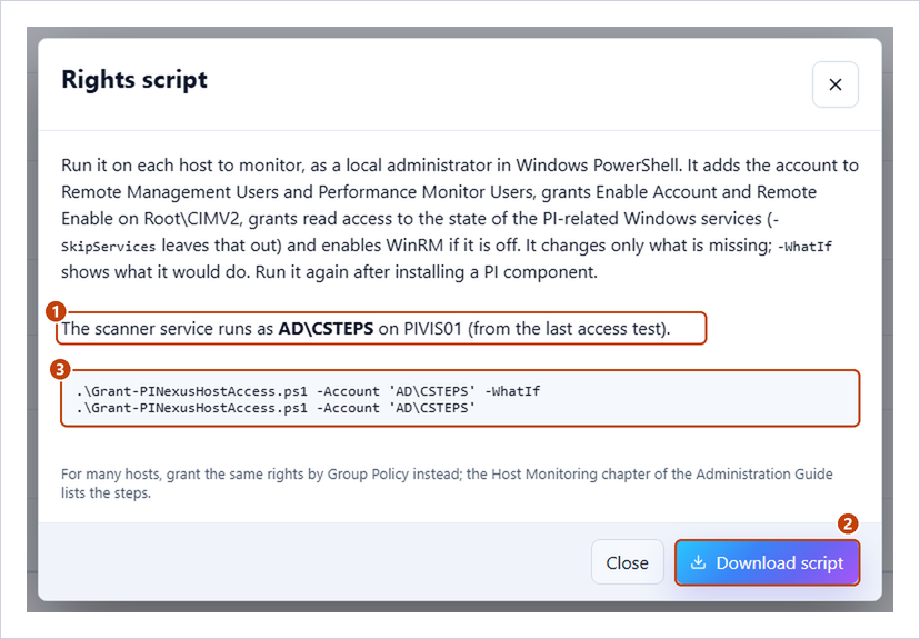Rights script dialog with the account, the download button and the commands