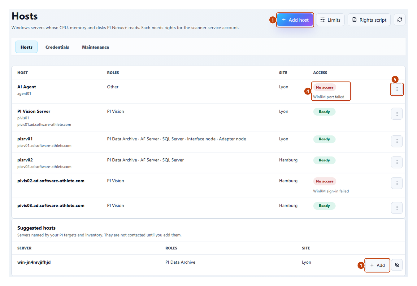 Admin > Hosts with Add host, a suggested server, the Access column and the row menu