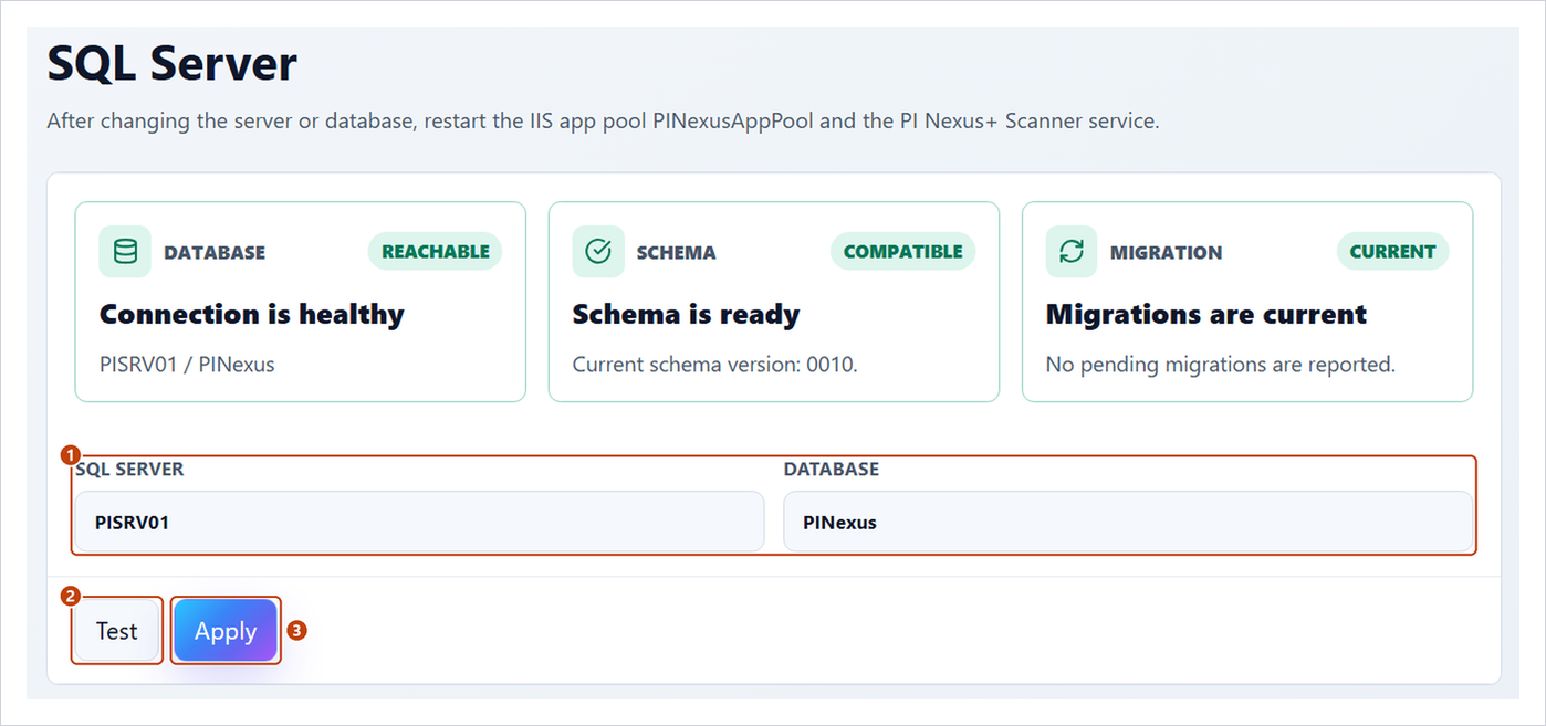 Admin > SQL Server with the status cards, SQL Server and Database, Test and Apply