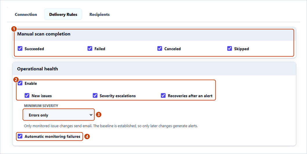 Delivery Rules tab with Manual scan completion and Operational health