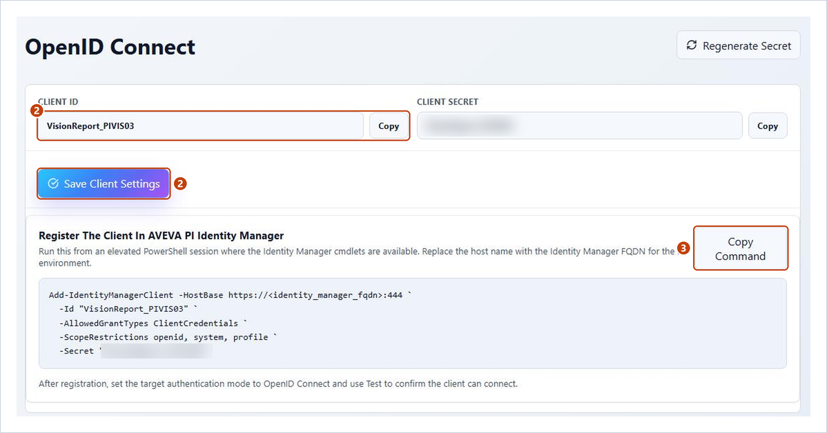 Admin > OpenID Connect with the client ID, the client secret and the registration command