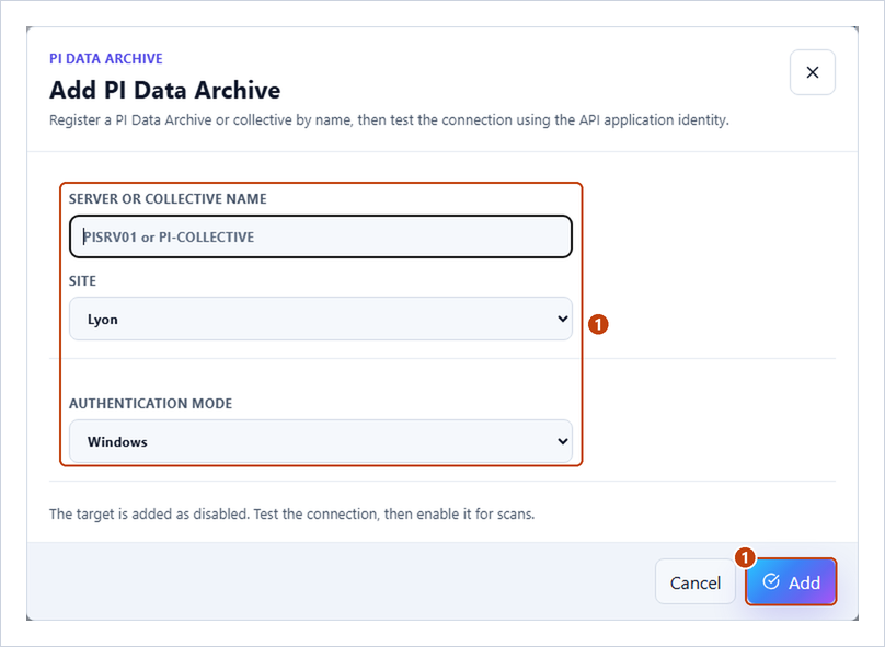 Add PI Data Archive dialog with the server or collective name, Site, Authentication mode and Add