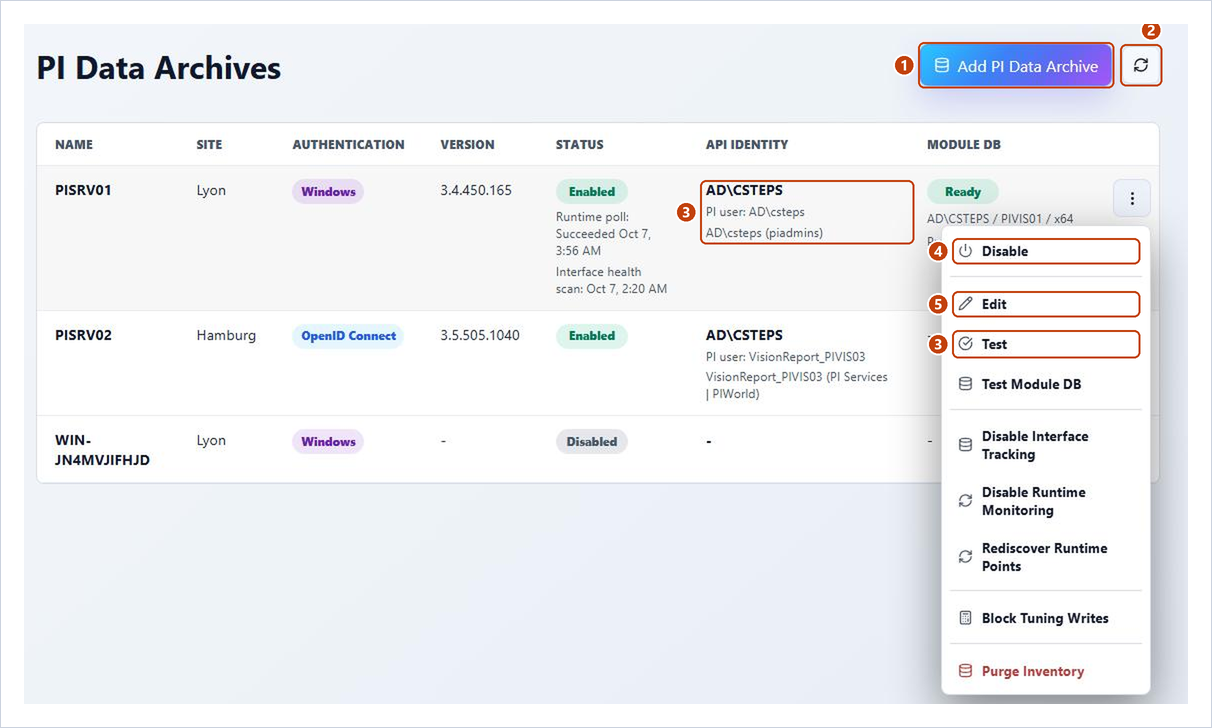 Admin > PI Data Archives with the add and discovery buttons and the row menu of an enabled archive