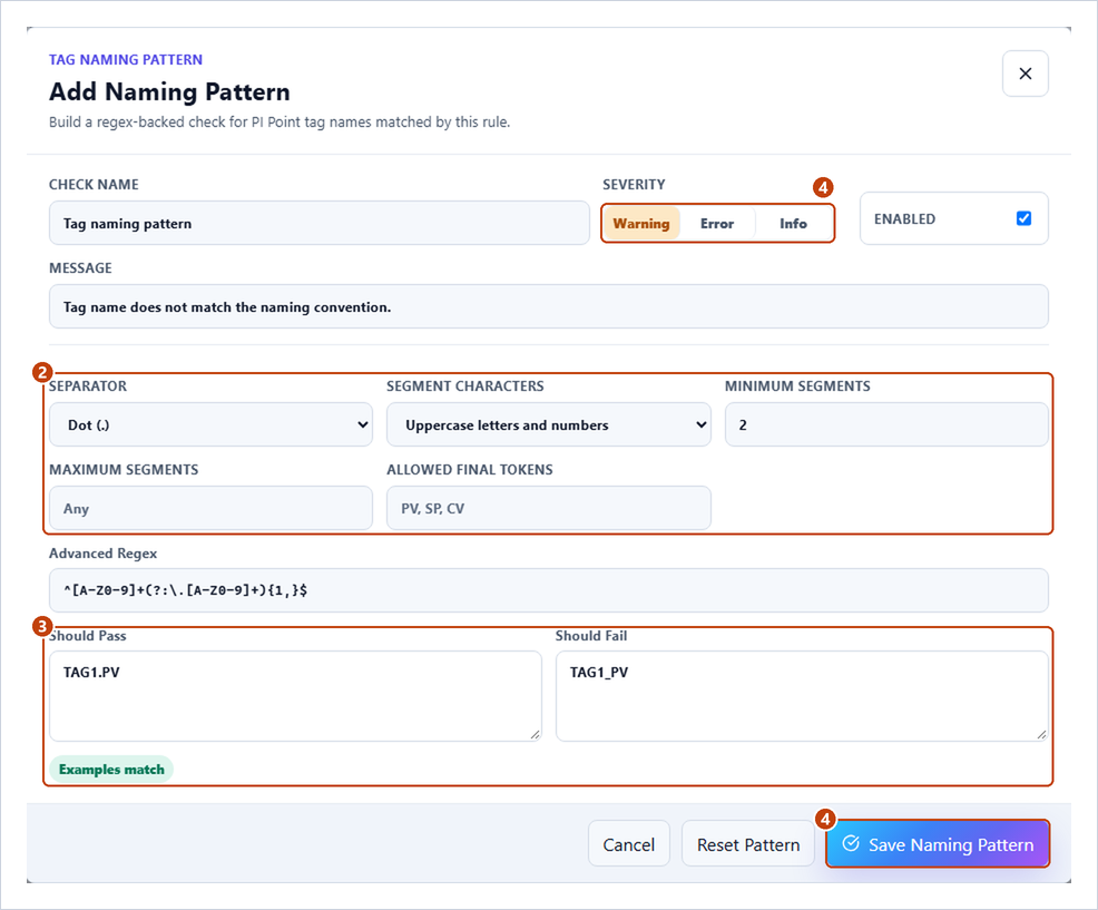 Add Naming Pattern dialog with the segment settings, the Should Pass and Should Fail examples, Severity and Save Naming Pattern