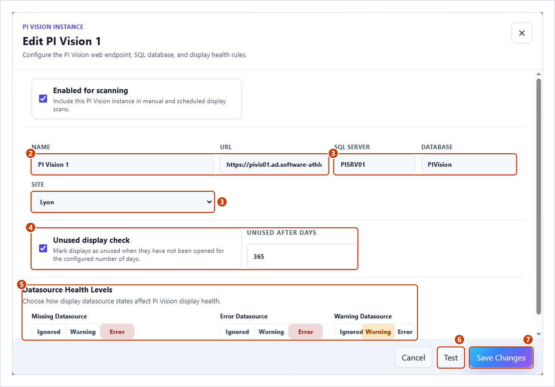 Edit dialog of a PI Vision instance with its connection, the unused display check and the datasource health levels