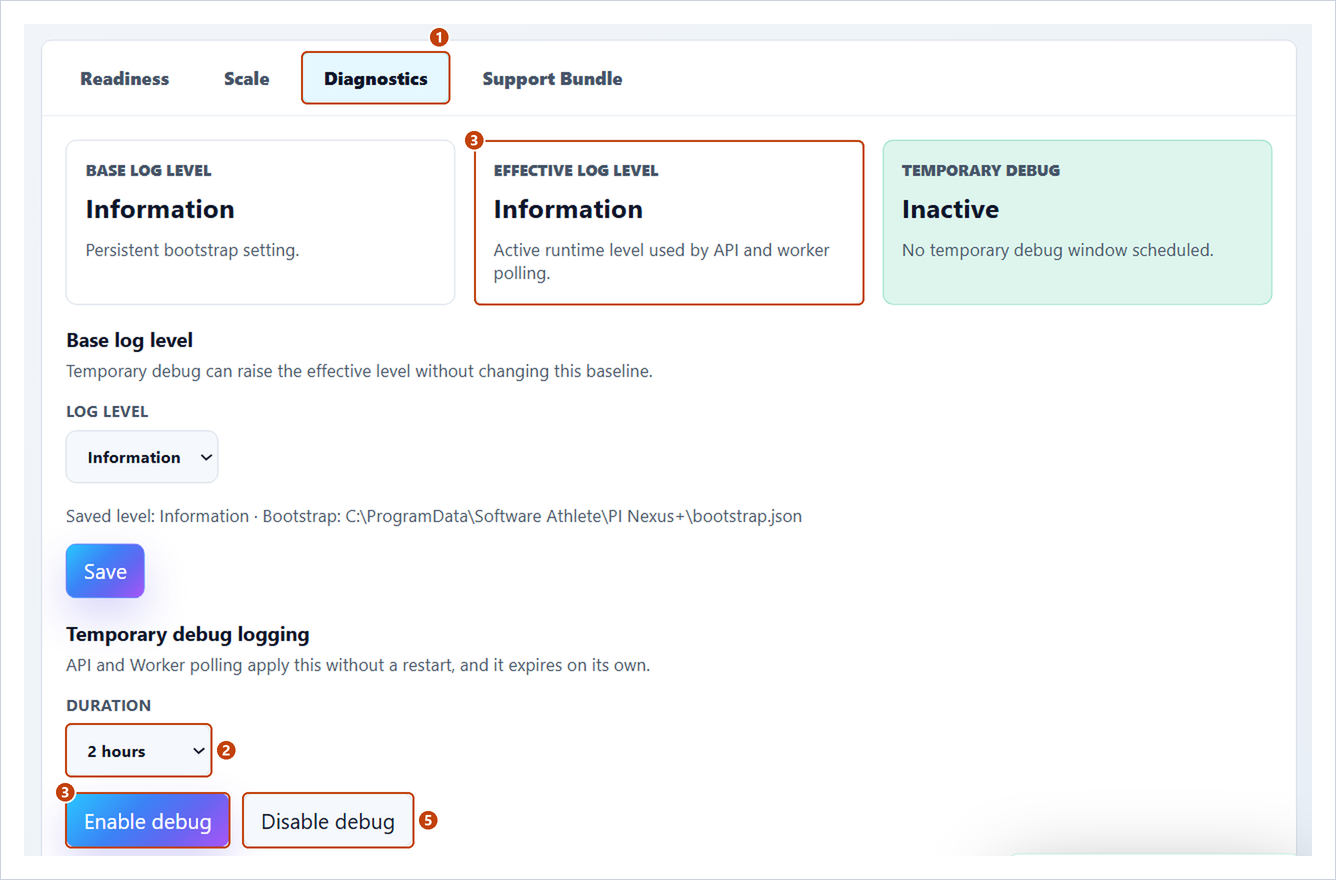 Diagnostics tab with the log levels, the debug duration and Enable debug