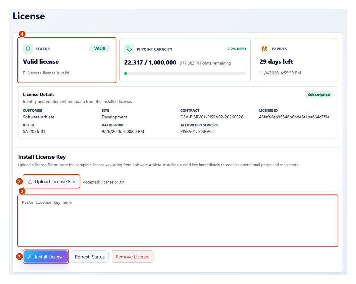Admin > License with the upload button, the key field, Install License and the status card