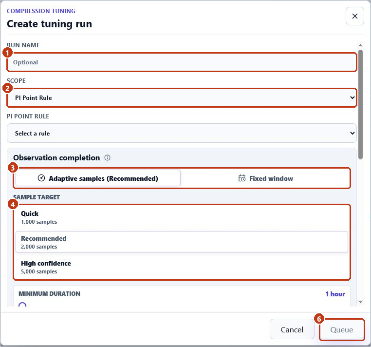 Create tuning run with the run name, scope, observation completion, sample target and Queue