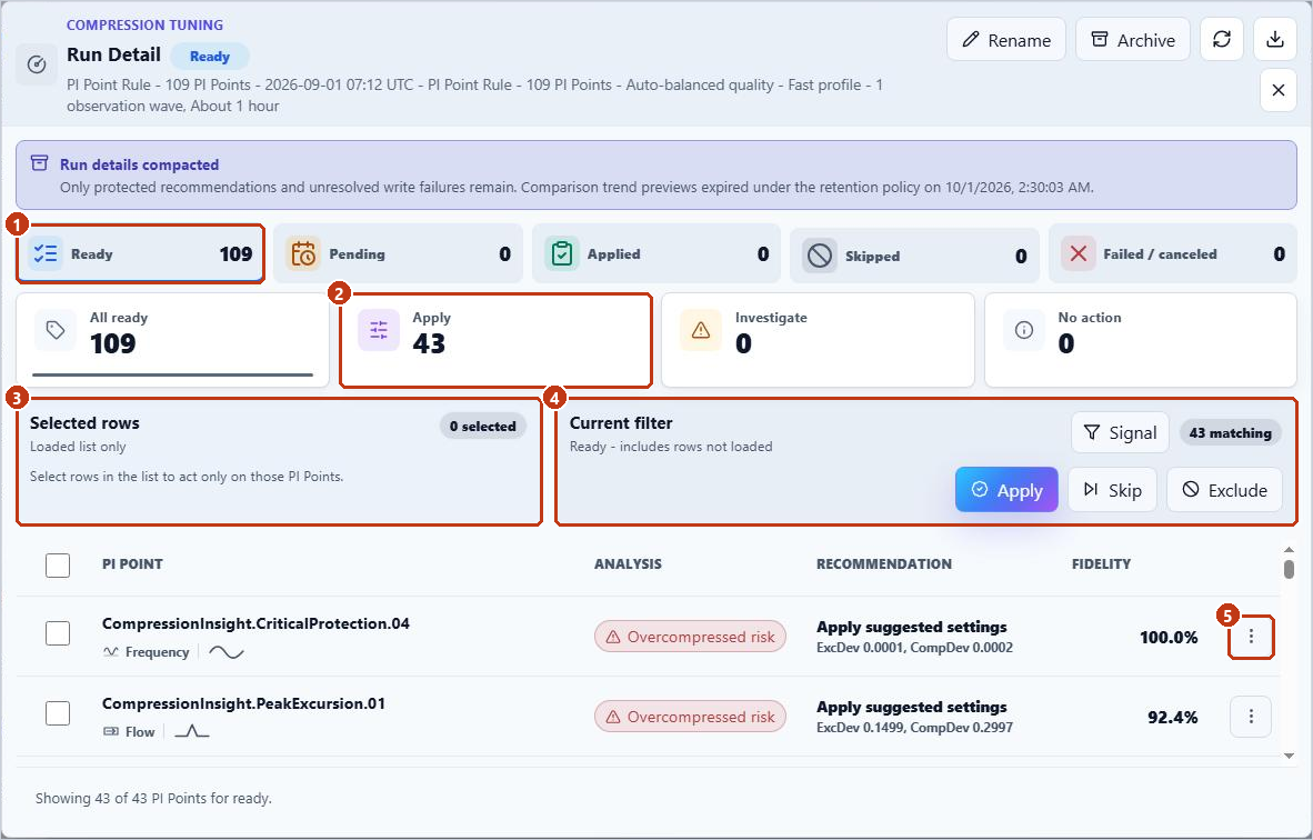 Run Detail with the Ready tab, the Apply card, the selected rows and current filter panels, and a row menu