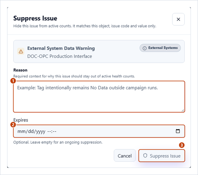 Suppress Issue dialog with Reason, Expires and Suppress Issue