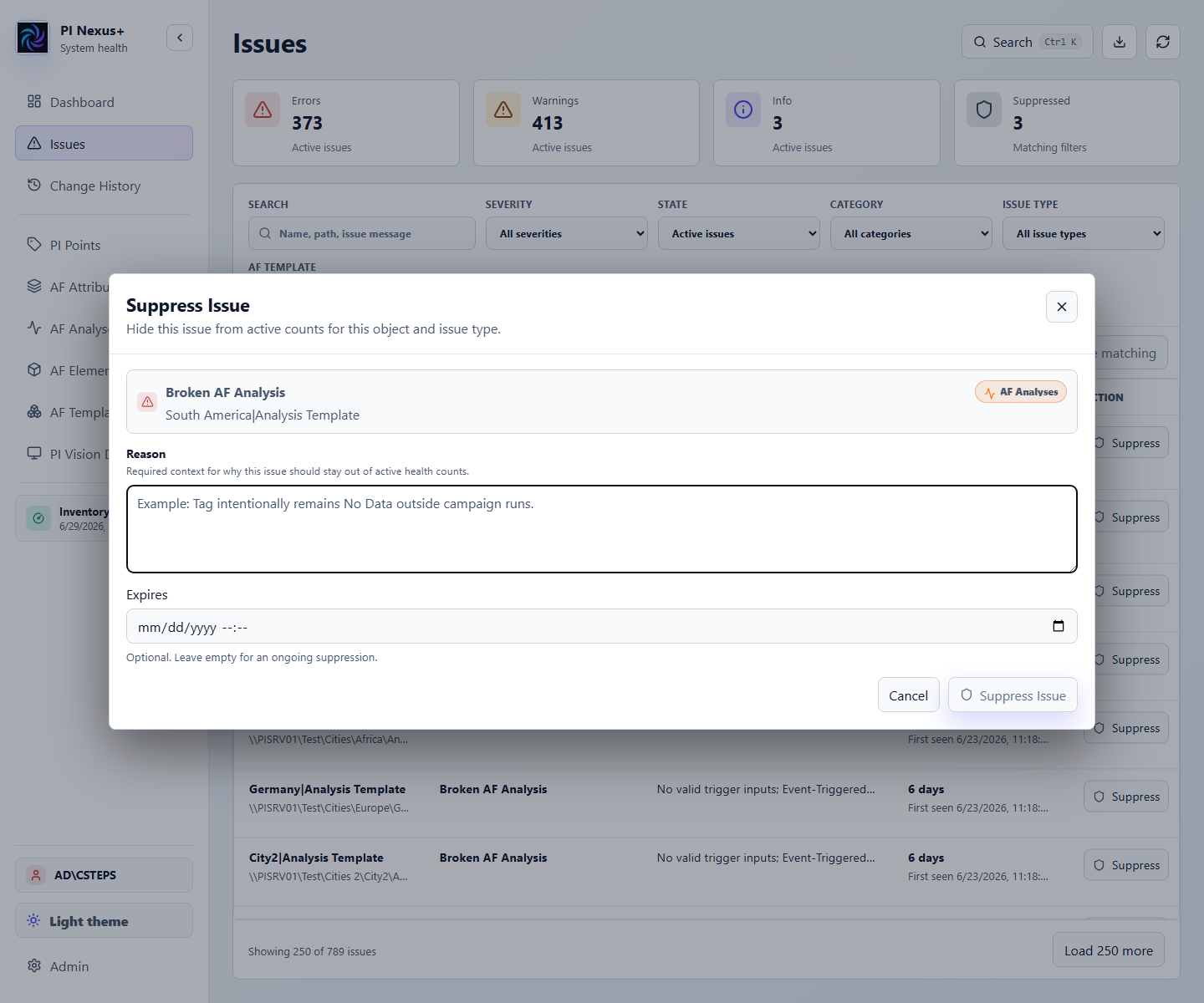 Suppression Dialog