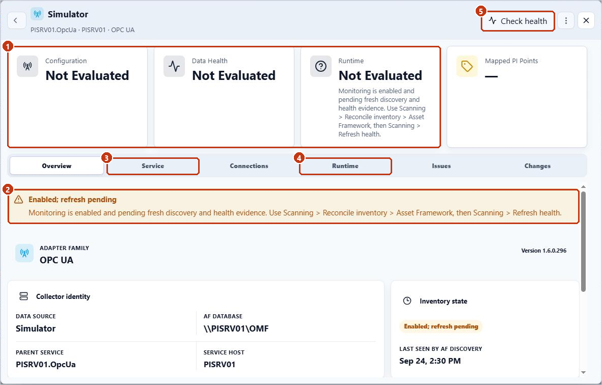 Collector dialog with the health cards, a monitoring banner, the Service and Runtime tabs and Check health