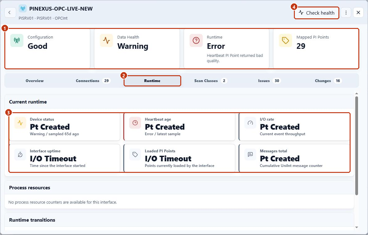 PI Interface dialog with the health cards, the Runtime tab, the runtime signals and Check health