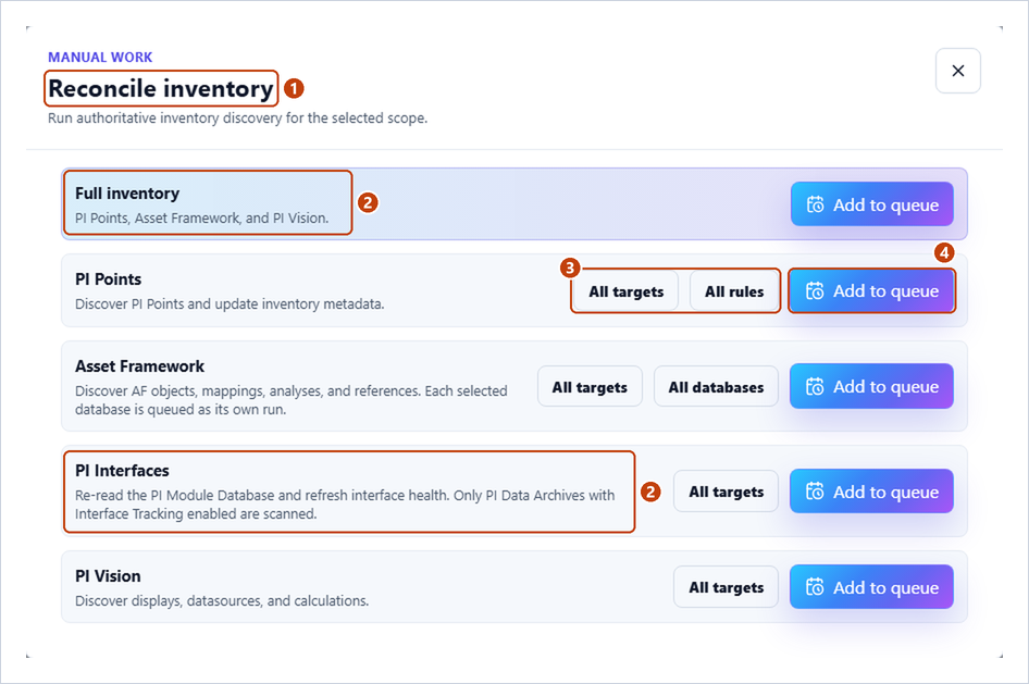 Reconcile inventory dialog with Full inventory, the target and rule selectors, and Add to queue