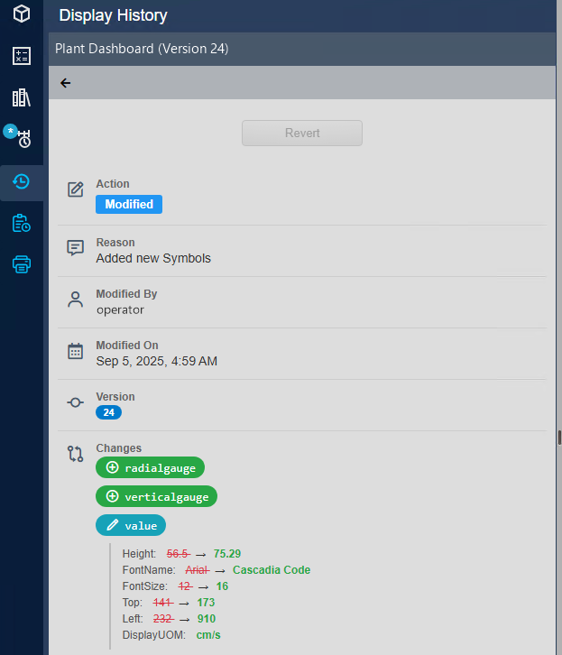 Vision Audit+ version details: reason, user, time, version and the symbols that were added or modified, with old and new values