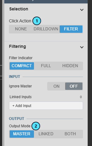 Selection and Filtering groups with Click Action set to Filter and Output Mode set to Master