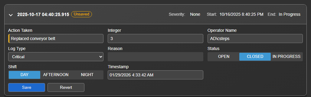 An event card with unsaved edits, an Unsaved badge, and the save and revert actions enabled