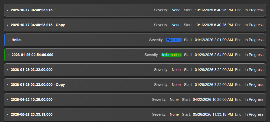 The same event list at compact density, showing eight collapsed cards